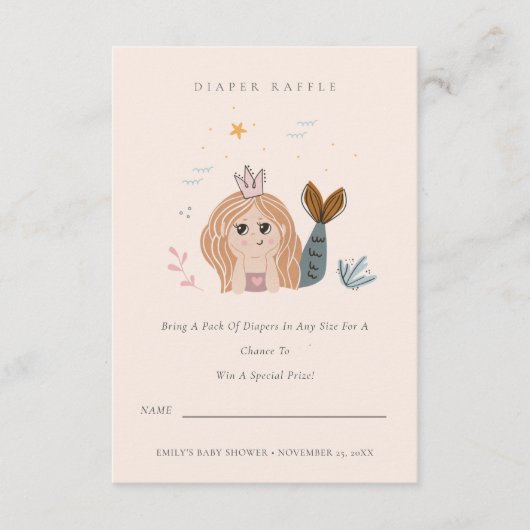 リトル赤面マーメイドおむつラッフルベビーシャワー エンクロージャーカード (正面)