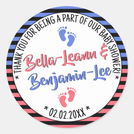 リトル足ストライプベビーシャワーボーイ&ガールツイン ラウンドシール (正面)