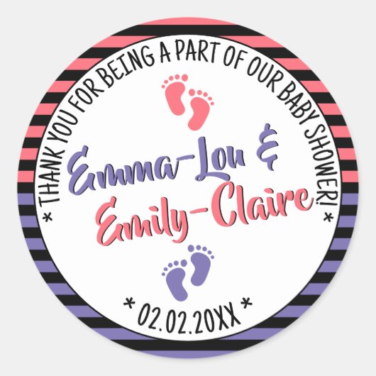 リトル足パタストライプのーン赤ちゃんシャワー女の子ツインズ ラウンドシール (正面)