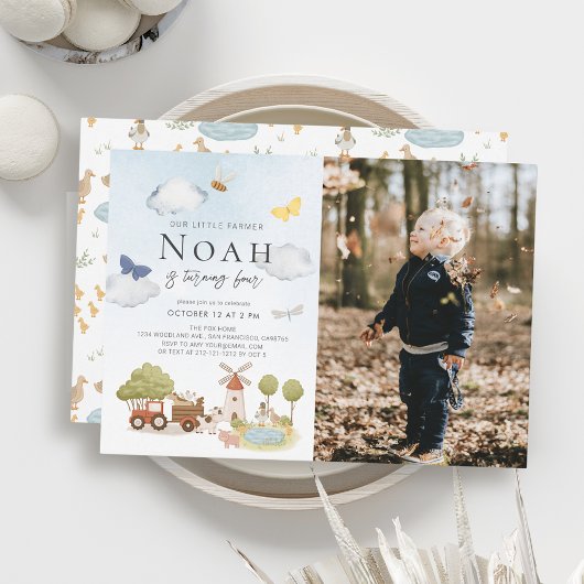 リトル農家ファーム動物キッドの誕生日写真 招待状