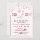 リトル間抜けグースピンクギンガムガール誕生日 招待状 (正面)