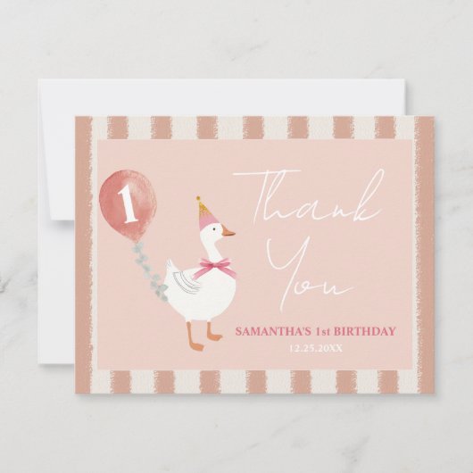 リトル間抜けグースピンクバルーンガール1st誕生日 サンキューカード (正面)