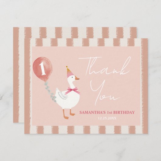 リトル間抜けグースピンクバルーンガール1st誕生日 サンキューカード (正面/裏面)