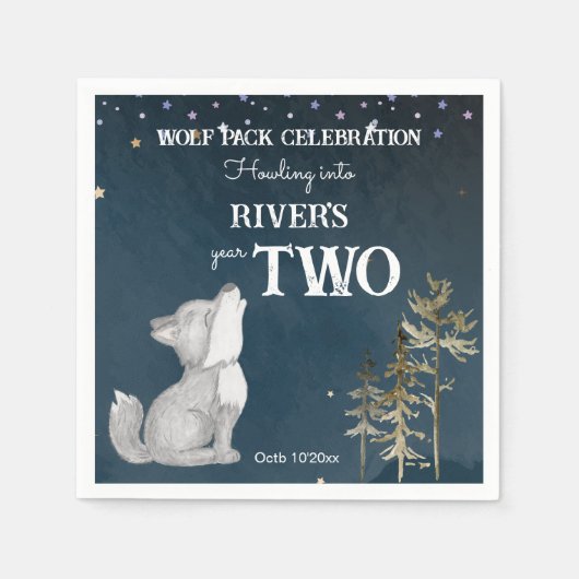 リトル・ウルフをテーマにした誕生日パーティーがプリントされた スタンダードカクテルナプキン (正面)