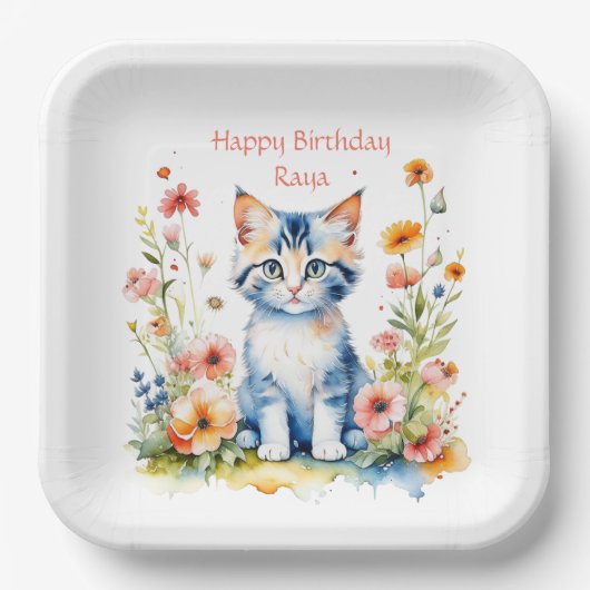 リトル・キッテン・ガールの誕生日パーティパーソナライズされたー ペーパープレート (正面)