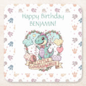リトル・ダイノの誕生日パーソナライズ スクエアペーパーコースター (正面)