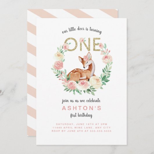 リトル·ディア·ファースト·バースデー·パーティーの招待 招待状 (正面/裏面)