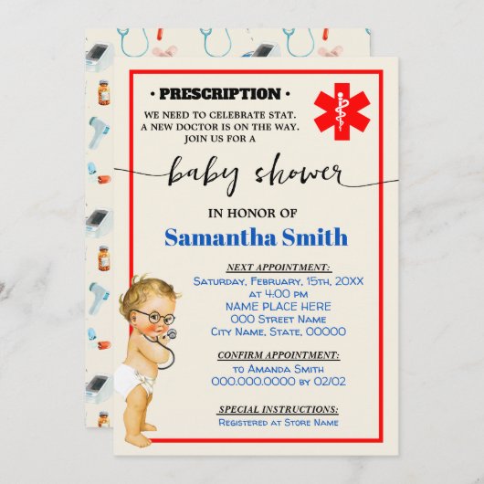 リトル・ドクターが医療ベビーシャワーに向かっている 招待状 (正面/裏面)