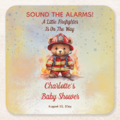 リトル・ファイヤーファイター・テディベア・ベイビーシャワー スクエアペーパーコースター (正面)