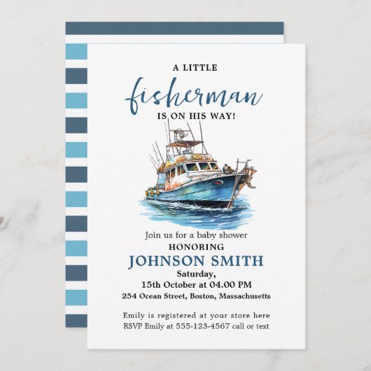 リトル・フィッシャーマンズウェイの水彩魚釣り 招待状 (正面/裏面)