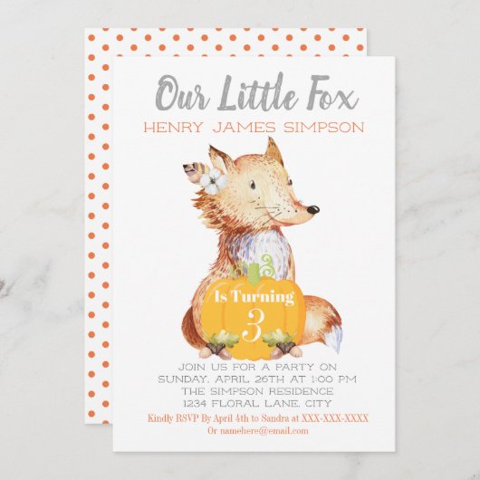 リトル・フォックス・フォール・ハーベスト・パンプキン 3歳の誕生日 招待状 (正面/裏面)