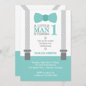 リトル・マン誕生日パーティー、ティール(緑がかった色)、グレー、 招待状 (正面/裏面)