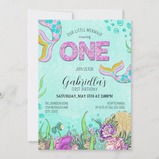 リトル・マーメイドが1歳の誕生日を飾る 招待状 (正面)