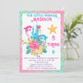 リトル・マーメイド スケール ピンク ターコイズ ゴールド 誕生日 招待状 (スタンド正面)