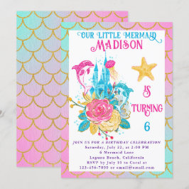 リトル・マーメイド スケール ピンク ターコイズ ゴールド 誕生日 招待状