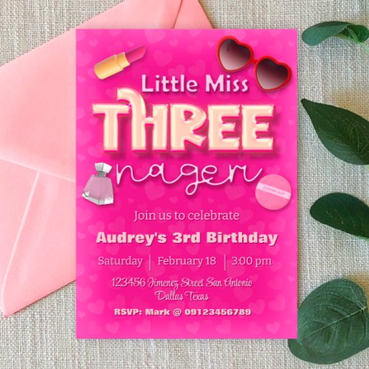 リトル・ミス・スリーナジャー - 3歳の女の子の誕生日 招待状