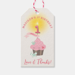 リトル・ミス・ピンク・カップケーキ・ガールの1歳の誕生日パーティー ギフトタグ