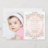 リトル ミス ワンダフル ピンク ゴールド フローラル バースデー 招待状 (正面)