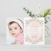 リトル ミス ワンダフル ピンク ゴールド フローラル バースデー 招待状 (スタンド正面)