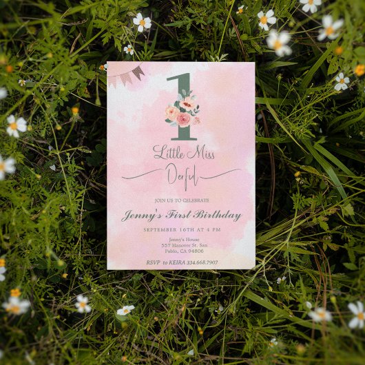 リトル ミス ワンダフル ワーターカラー ピンク 1歳の誕生日 招待状