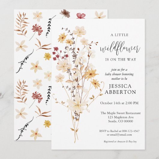 リトル ワイルドフラワー フラワーベイビー シャワー 招待状 (正面/裏面)