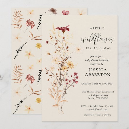 リトル ワイルドフラワー フラワーベイビー シャワー 招待状 (正面/裏面)