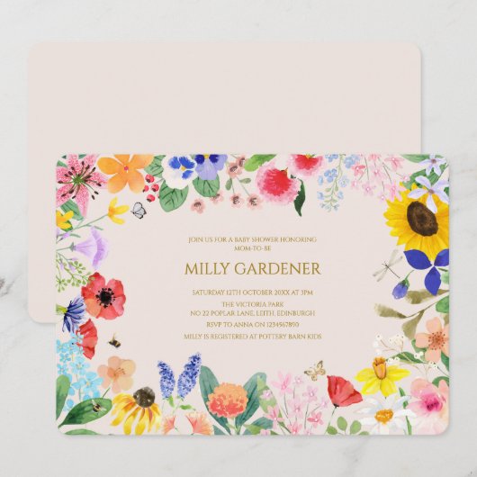 リトル ワイルドフラワー ママ トゥ ビー ベイビー シャワー 招待状 (正面/裏面)