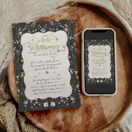 リトル ワイルドフラワー モダン ダーク フローラル ベイビー シャワー 招待状