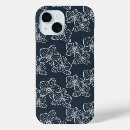 リニア・オーキッド | 高級感のある植物柄のダークネイビー iPhone 15ケース