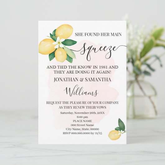 リニューアル結婚記念日のピンクのレモン 招待状 (スタンド正面)
