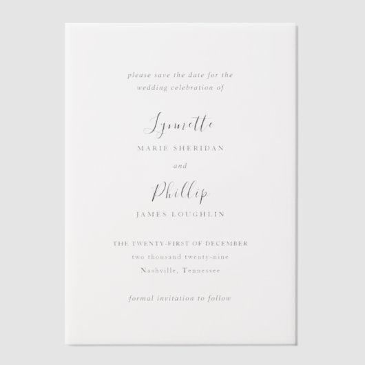 リネット伝統的エレガントな結婚式の日付を保存 ベラム紙招待状 (正面)