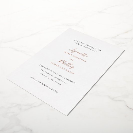 リネット伝統的エレガントな結婚式の日付を保存 箔招待状 (回転した状態)