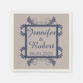 リネンとネイビーヴィンテージウェディングナプキン スタンダードカクテルナプキン (正面)