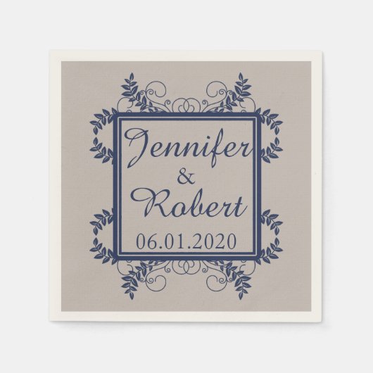 リネンとネイビーヴィンテージウェディングナプキン スタンダードカクテルナプキン (正面)