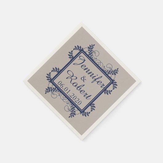 リネンとネイビーヴィンテージウェディングナプキン スタンダードカクテルナプキン (角)