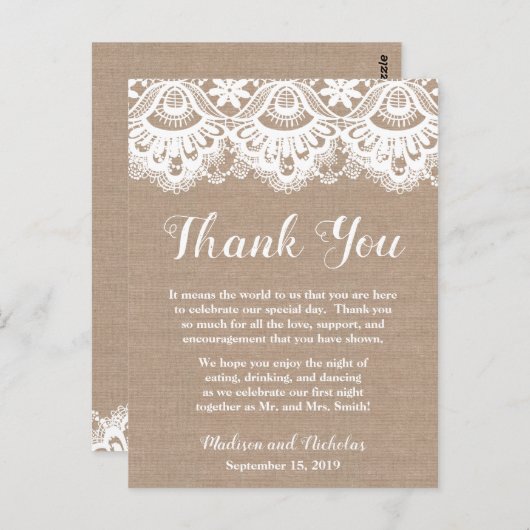 リネンとレースのウェディングテーブルセッティング感謝カード ポストカード (正面/裏面)