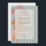 リネンにバラ - 婚約のお祝いカード 招待状<br><div class="desc">特別な日の美しいデザイン ～ 砂と青い縞模様の背景に柔らかなバラ！</div>