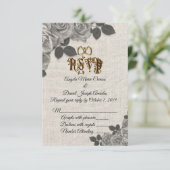 リネンに黒と白のバラの結婚式の出欠確認カード 招待状 (スタンド正面)