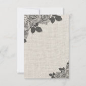 リネンに黒と白のバラの結婚式の出欠確認カード 招待状 (裏面)