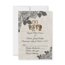 リネンに黒と白のバラの結婚式出欠確認カード