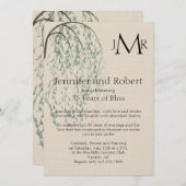 リネンに Willow の枝の結婚記念日 招待状 (正面/裏面)