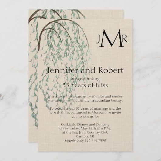 リネンに Willow の枝の結婚記念日 招待状 (正面/裏面)