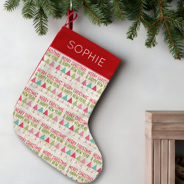 リネンのクリスマスツリー - レッド グリーン デザイン スモールクリスマスストッキング