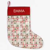 リネンの三目並べノームとツリーのクリスマス スモールクリスマスストッキング (正面)