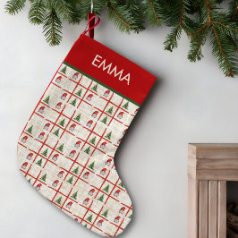 リネンの三目並べノームとツリーのクリスマス スモールクリスマスストッキング