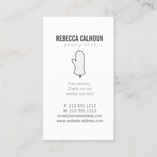 リネンの大きなオーブフェイクンミットのロゴベーカリー、シェフ 名刺 (裏面)