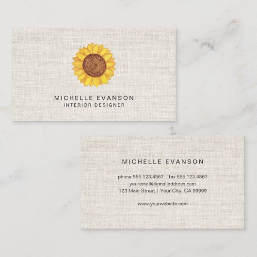 リネンの水彩イエローサンフラワーロゴ素朴 名刺 (正面/裏面)