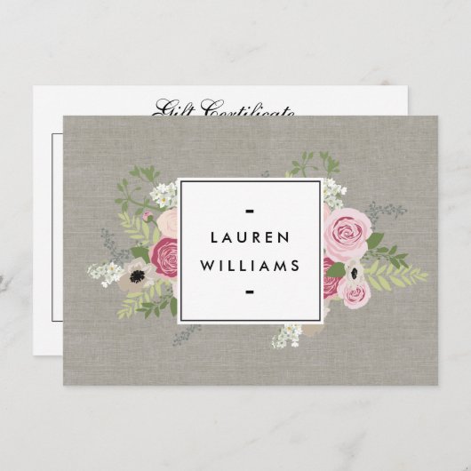 リネンギフト券の美しいピンクのバラ (正面/裏面)