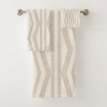 リネンクリームベージュ幾何学浴用タオルセット
