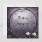 リネンゴシック様式飛んだスカルの紫色の結婚式の招待 招待状 (正面)